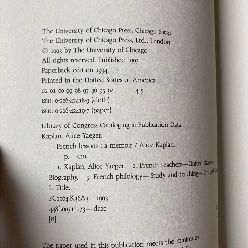 French Lessons: A Memoir by Alice Kaplan. Paperback 1993 - Great Book! - Picture 9 of 12